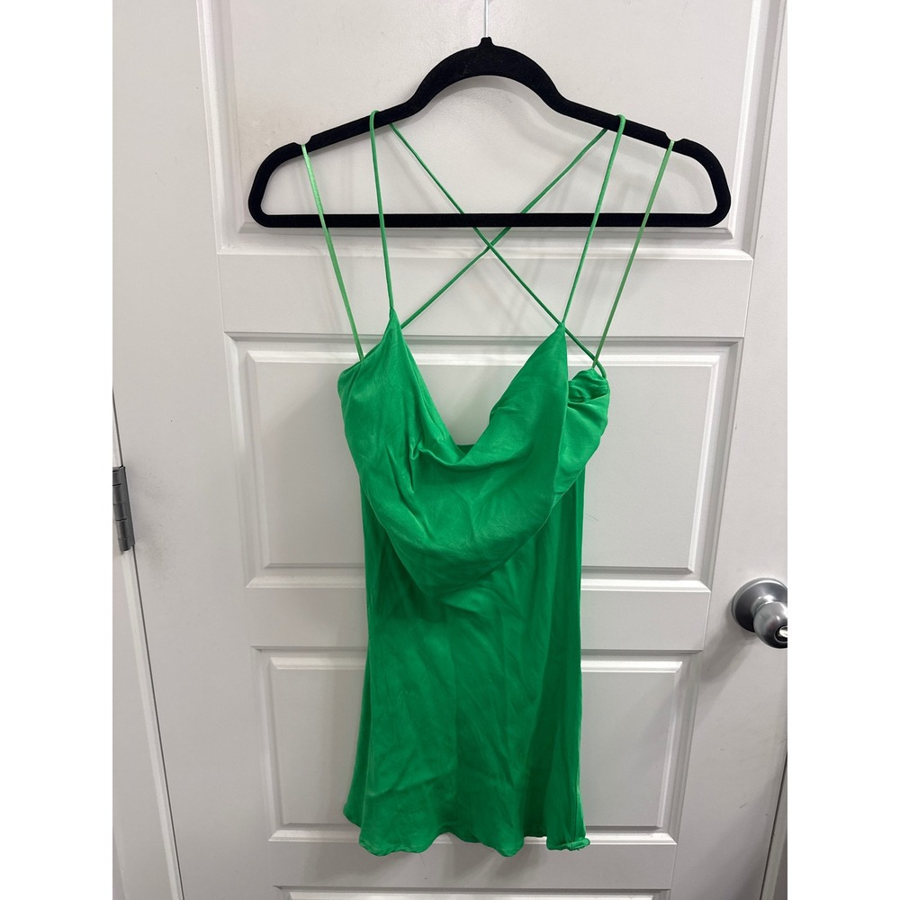 Zara Green Satin Cowl Neck Mini Dress Strappy Crisscross Back XS